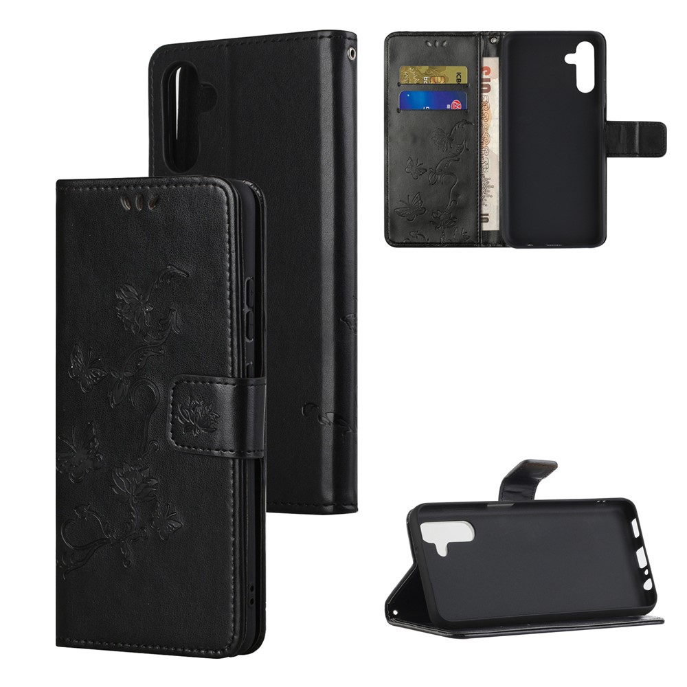 Butterfly Flower Imprinting Leather Phone Wallet Stand Shell with Strap for Samsung Galaxy A13 5G - Black-6