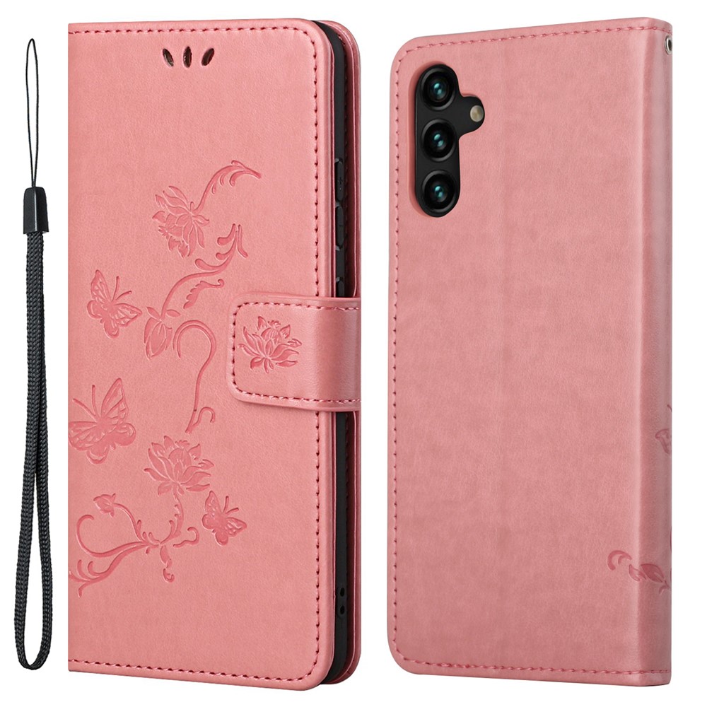 Butterfly Flower Imprinting Leather Phone Wallet Stand Shell with Strap for Samsung Galaxy A13 5G - Pink-1