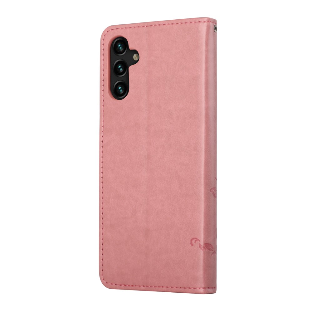 Butterfly Flower Imprinting Leather Phone Wallet Stand Shell with Strap for Samsung Galaxy A13 5G - Pink-3