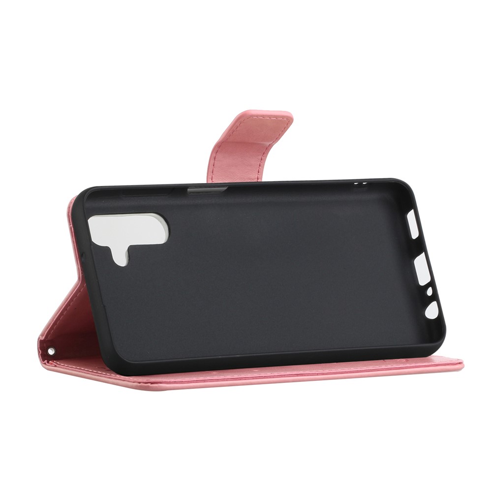 Butterfly Flower Imprinting Leather Phone Wallet Stand Shell with Strap for Samsung Galaxy A13 5G - Pink-4