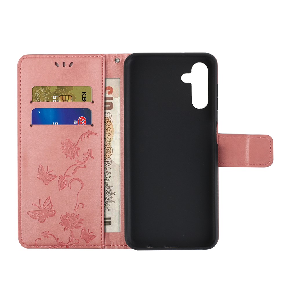 Butterfly Flower Imprinting Leather Phone Wallet Stand Shell with Strap for Samsung Galaxy A13 5G - Pink-5