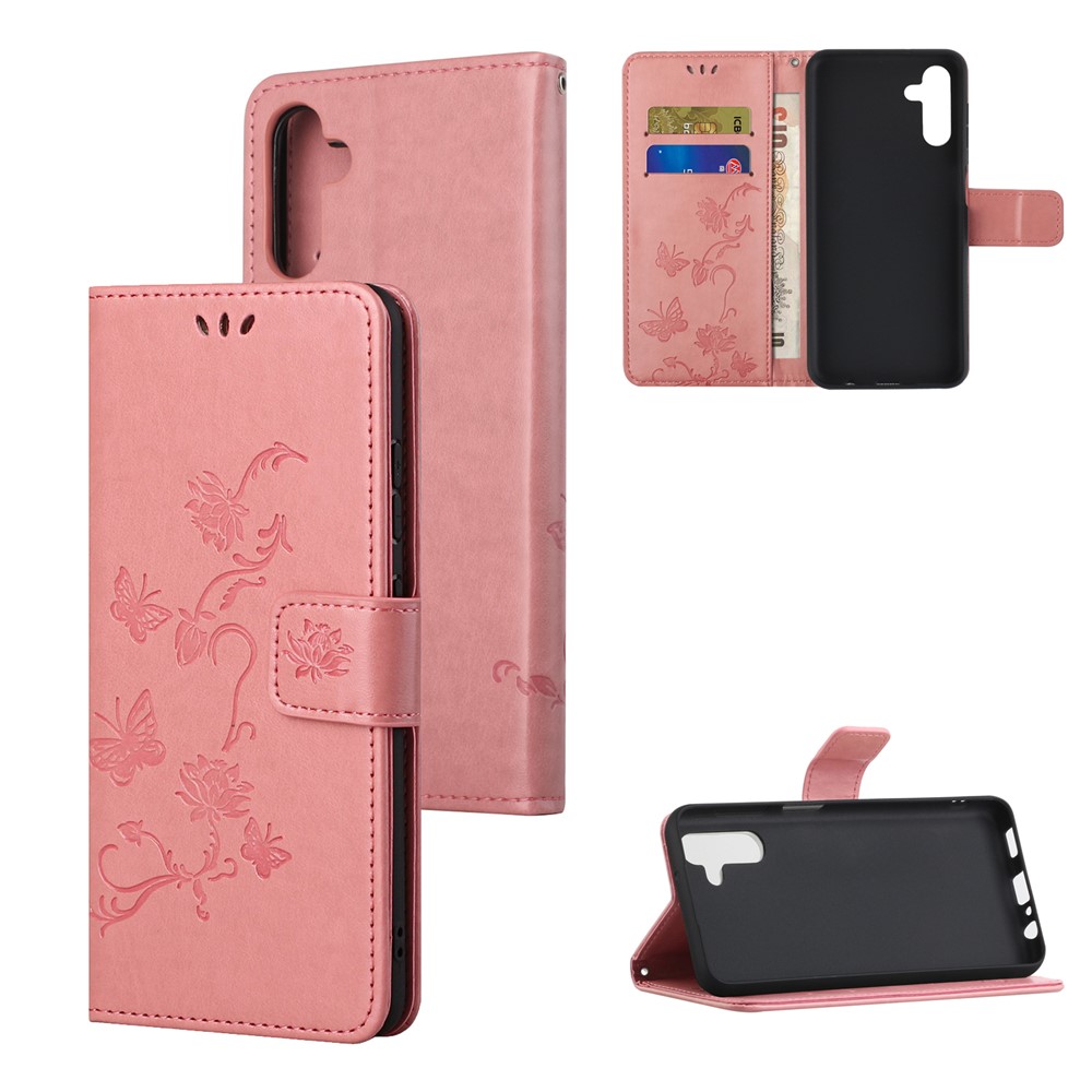 Butterfly Flower Imprinting Leather Phone Wallet Stand Shell with Strap for Samsung Galaxy A13 5G - Pink-6