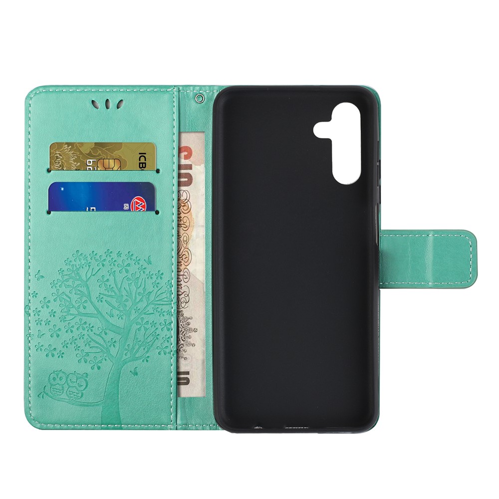 Folio Flip Owl Tree Imprint Leather Wallet Phone Case Shell with Stand for Samsung Galaxy A13 5G - Cyan-5