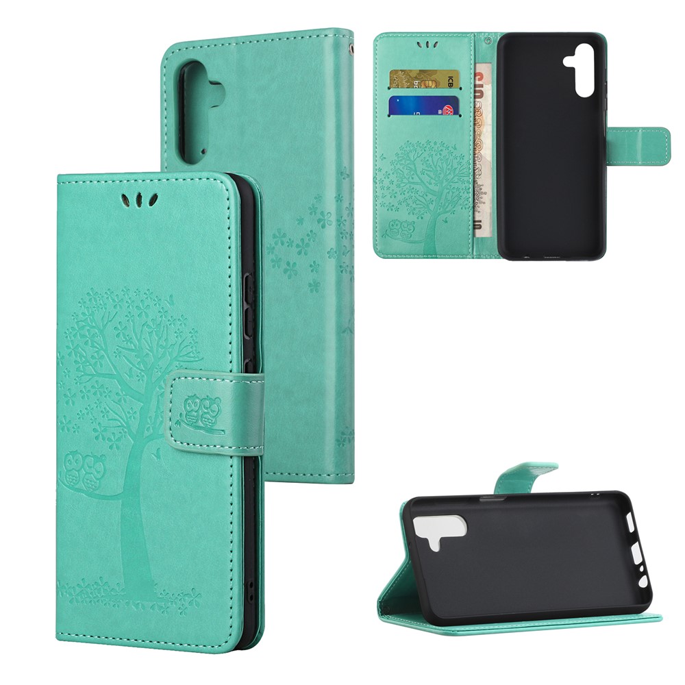 Folio Flip Owl Tree Imprint Leather Wallet Phone Case Shell with Stand for Samsung Galaxy A13 5G - Cyan-6