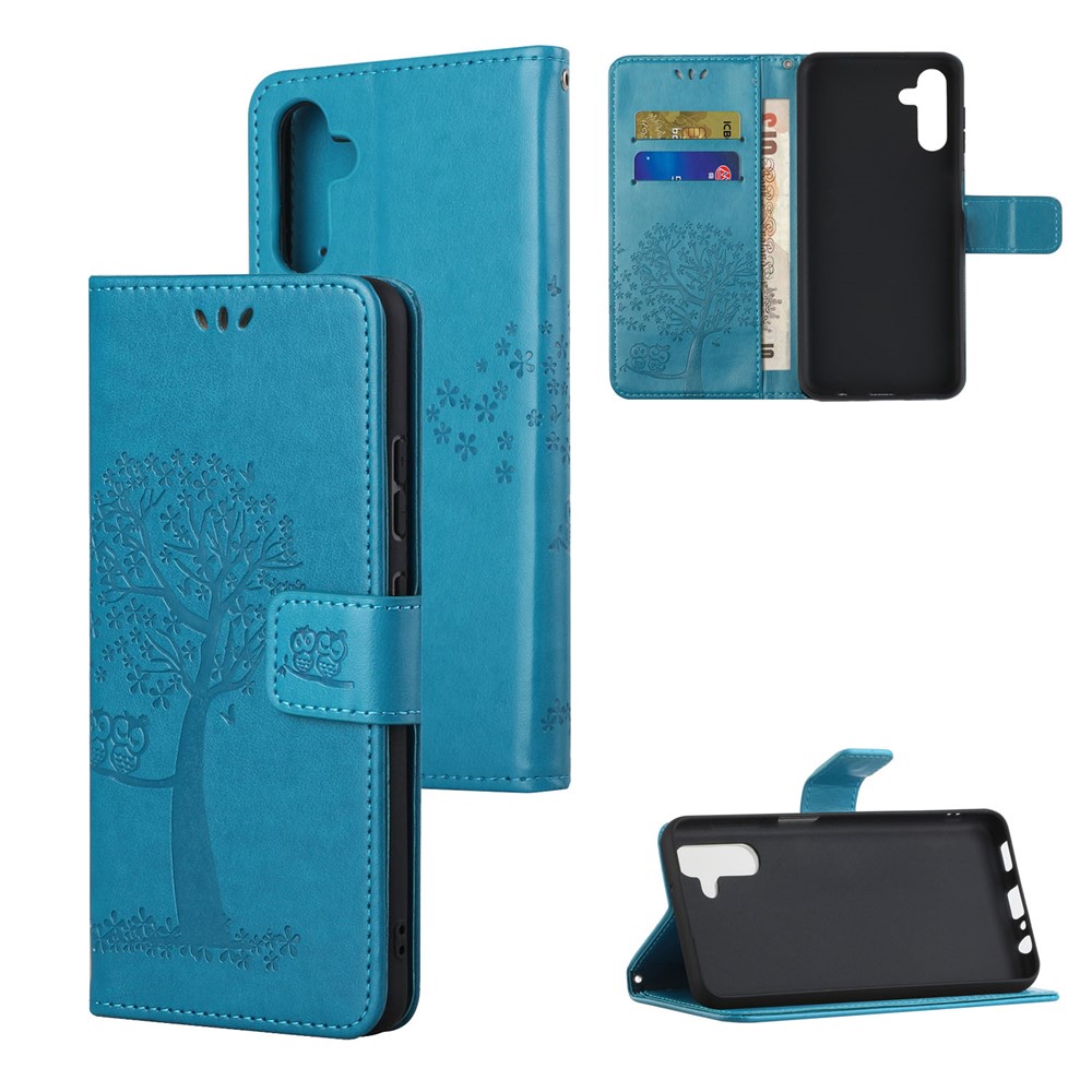 Folio Flip Owl Tree Imprint Leather Wallet Phone Case Shell with Stand for Samsung Galaxy A13 5G - Blue-6