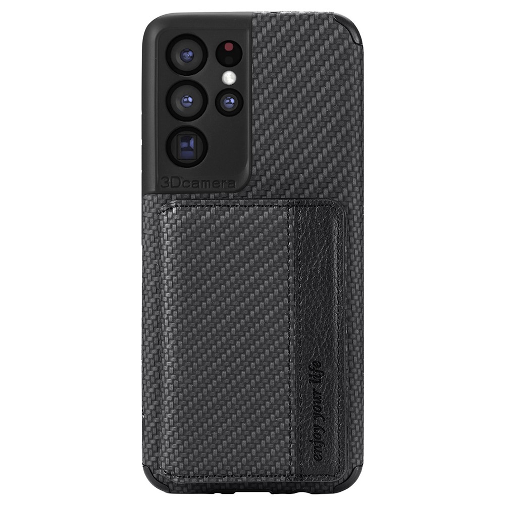 Quality Leather and TPU Phone Case Texture Anti-Drop Card Holder Design Built-in Magnet Metal Sheet Phone Cover with Kickstand for Samsung Galaxy S20 Ultra - Black-5
