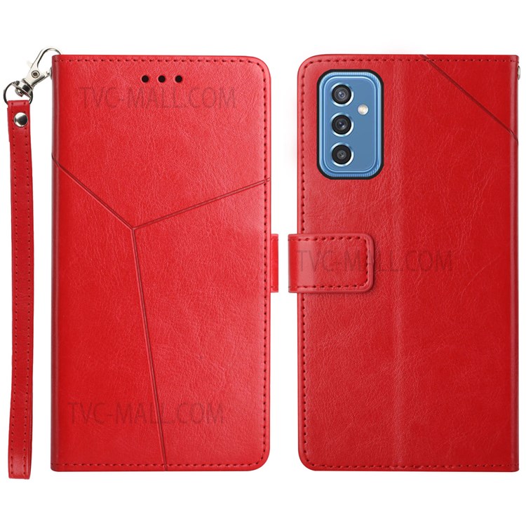 Y-Shaped Lines Imprinting PU Leather Phone Guard Wallet Stand Cover with Handy Strap for Samsung Galaxy M52 5G - Red-1