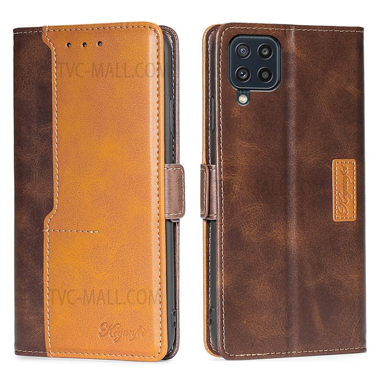 Dual-color Splicing Retro PU Leather Wallet Flip Protective Phone Case with Stand and Magnetic Closure for Samsung Galaxy M32 (Global Version) - Dark Brown/Gold-1