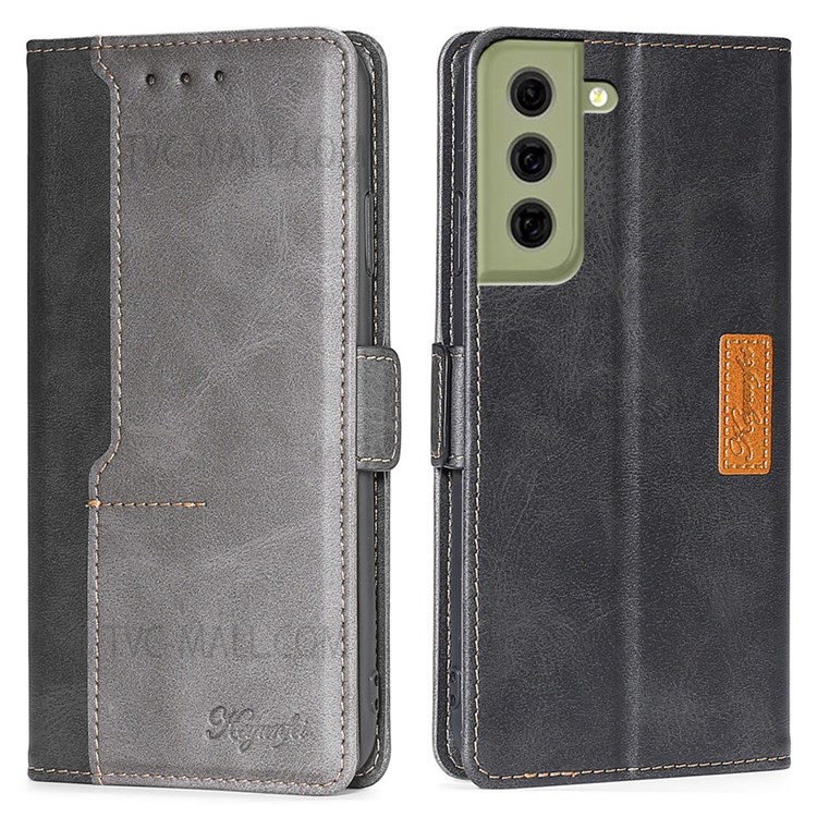 Stand Feature Double Layer Shock Absorbing Soft Vintage PU Leather Color Matching Wallet Magnetic Cover for Samsung Galaxy S21 FE 5G - Black/Grey-1