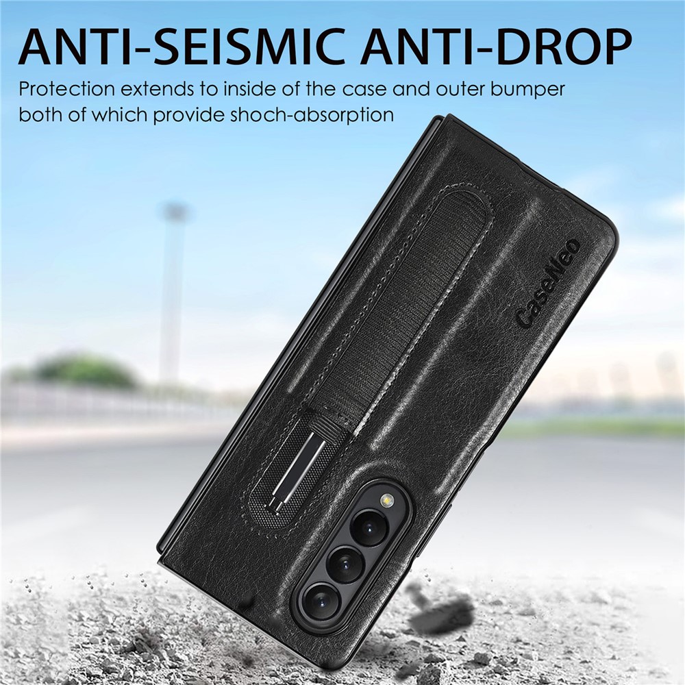 CASENEO Pen Slot Design Fold Scratch-Resistant Slim PU Leather + TPU Phone Case Cover for Samsung Galaxy Z Fold3 5G - Black-2