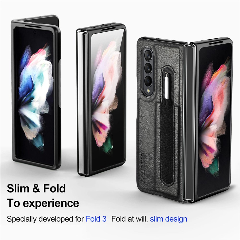 CASENEO Pen Slot Design Fold Scratch-Resistant Slim PU Leather + TPU Phone Case Cover for Samsung Galaxy Z Fold3 5G - Black-3