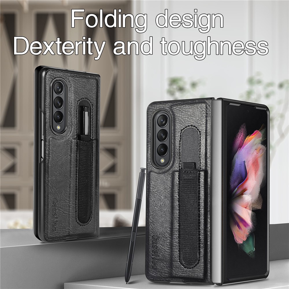 CASENEO Pen Slot Design Fold Scratch-Resistant Slim PU Leather + TPU Phone Case Cover for Samsung Galaxy Z Fold3 5G - Black-6