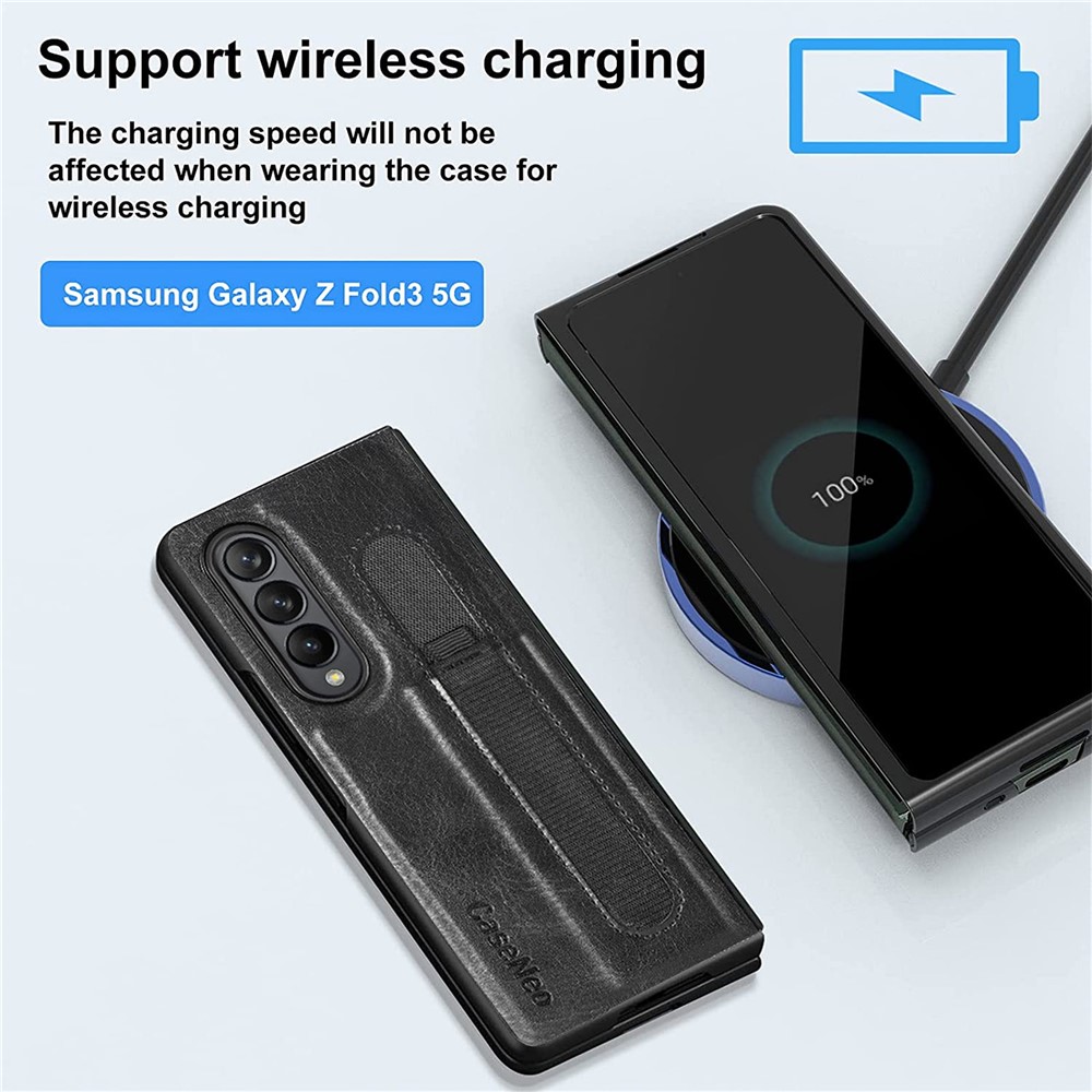 CASENEO Pen Slot Design Fold Scratch-Resistant Slim PU Leather + TPU Phone Case Cover for Samsung Galaxy Z Fold3 5G - Black-7