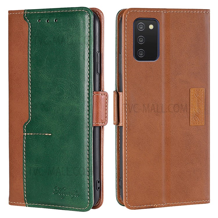 Dual-color Splicing Flip Premium Wallet Phone Case Retro PU Leather Stand Magnetic Shockproof Cover for Samsung Galaxy A03s (166.5 x 75.98 x 9.14mm) - Light Brown/Green-1