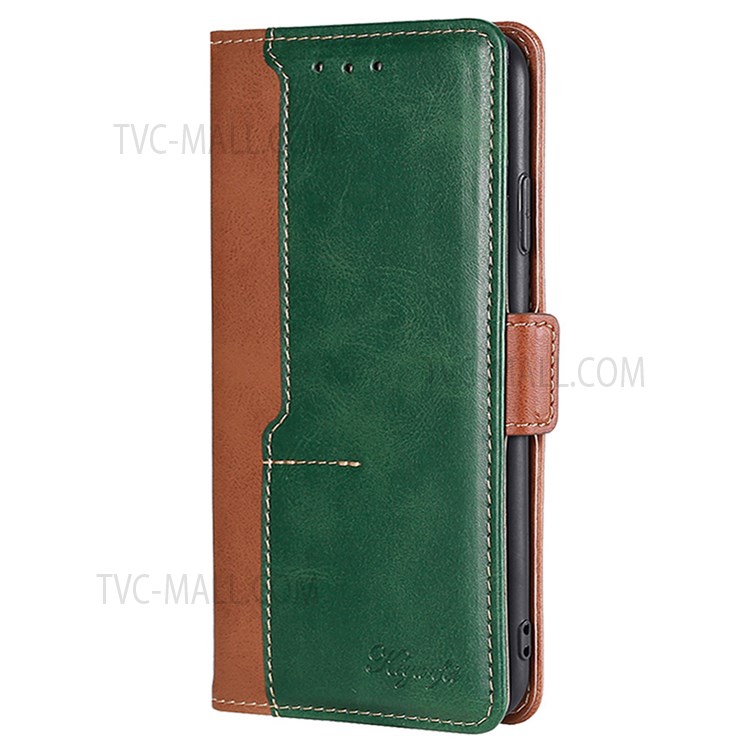 Dual-color Splicing Flip Premium Wallet Phone Case Retro PU Leather Stand Magnetic Shockproof Cover for Samsung Galaxy A03s (166.5 x 75.98 x 9.14mm) - Light Brown/Green-2