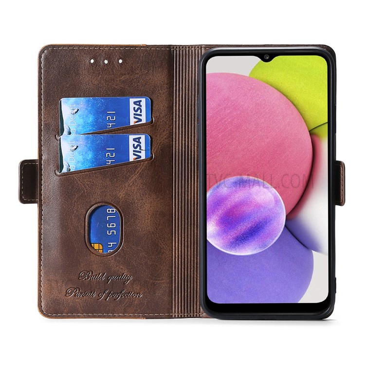 Dual-color Splicing Flip Premium Wallet Phone Case Retro PU Leather Stand Magnetic Shockproof Cover for Samsung Galaxy A03s (166.5 x 75.98 x 9.14mm) - Light Brown/Green-4