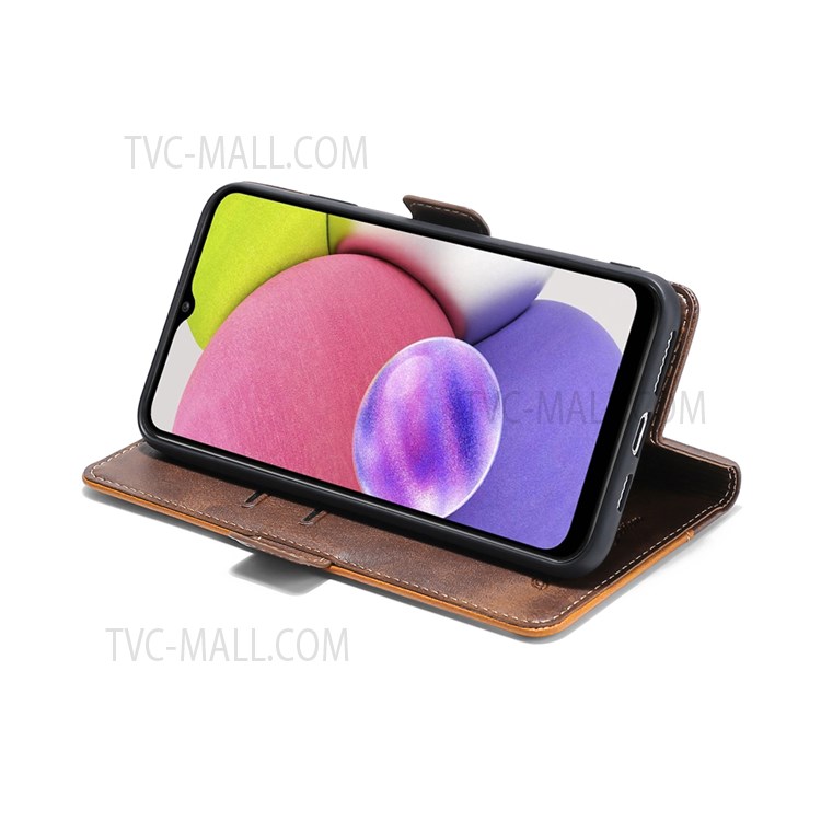 Dual-color Splicing Flip Premium Wallet Phone Case Retro PU Leather Stand Magnetic Shockproof Cover for Samsung Galaxy A03s (166.5 x 75.98 x 9.14mm) - Light Brown/Green-5