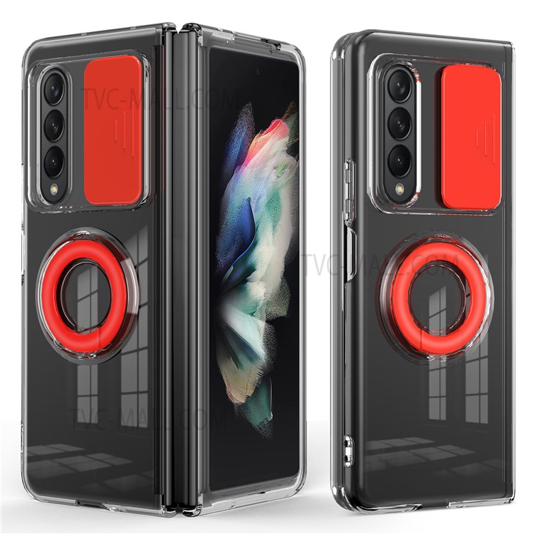 Slide Lens Camera Protection Candy-Colored Clear Soft TPU Edges Hard PC Back Case with Ring Holder for Samsung Galaxy Z Fold3 5G - Red-1