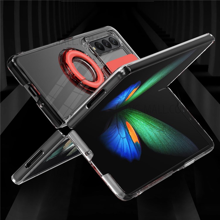 Slide Lens Camera Protection Candy-Colored Clear Soft TPU Edges Hard PC Back Case with Ring Holder for Samsung Galaxy Z Fold3 5G - Red-4
