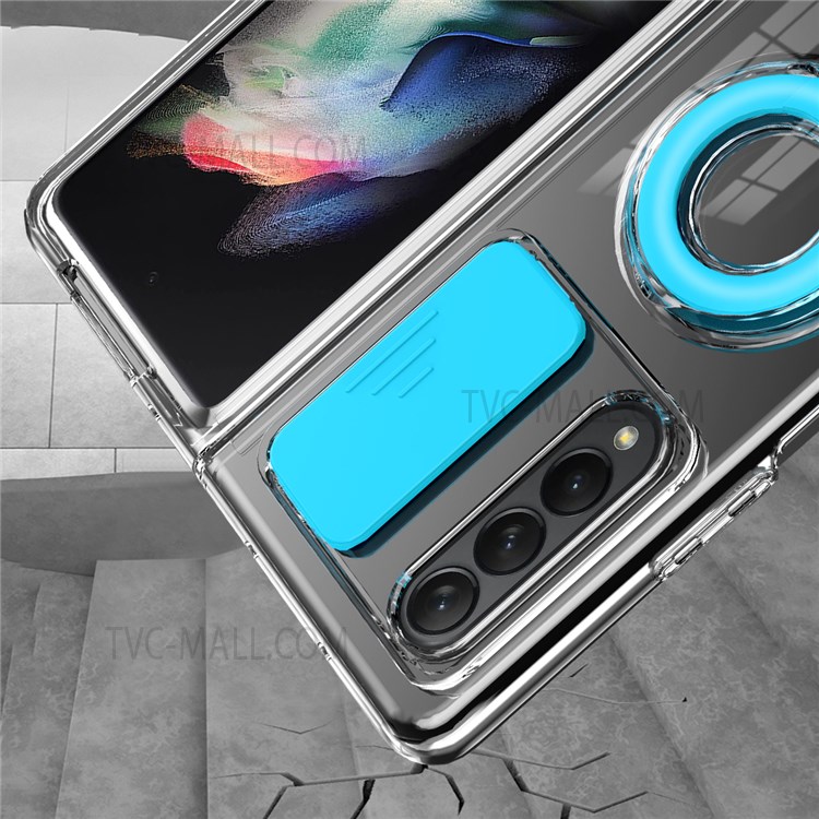 Slide Lens Camera Protection Candy-Colored Clear Soft TPU Edges Hard PC Back Case with Ring Holder for Samsung Galaxy Z Fold3 5G - Red-8