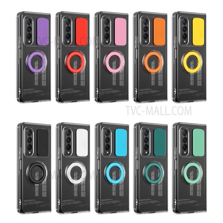 Slide Lens Camera Protection Candy-Colored Clear Soft TPU Edges Hard PC Back Case with Ring Holder for Samsung Galaxy Z Fold3 5G - Red-9