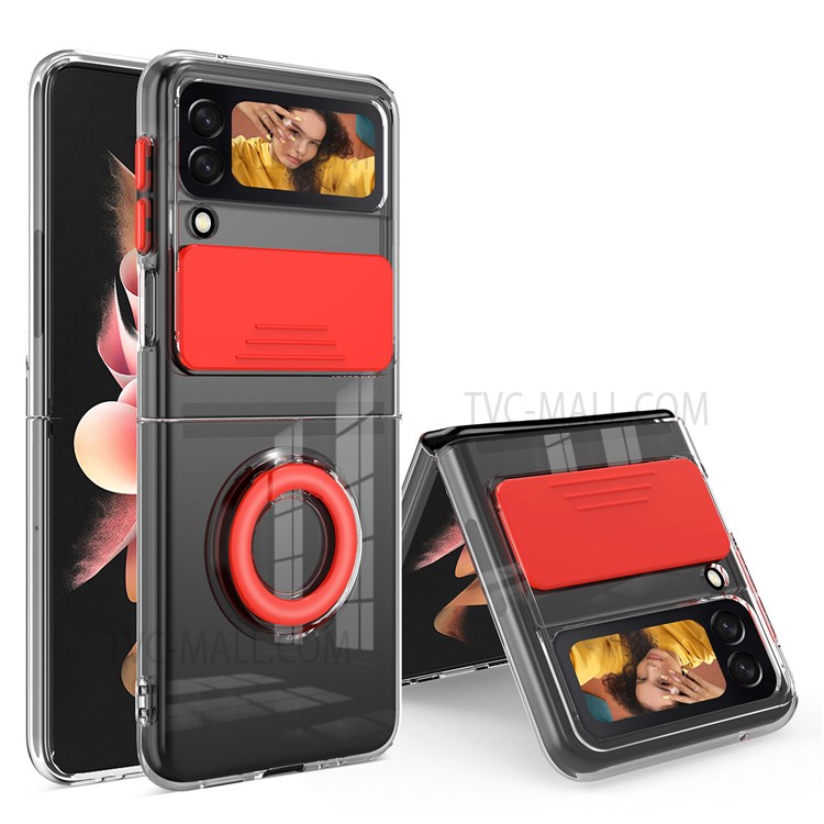 Colorful Design Soft TPU Bumper Hard PC Heavy Duty Protective Clear Phone Case with Back Slide Camera Cover and Ring Kickstand for Samsung Galaxy Z Flip3 5G - Red-1