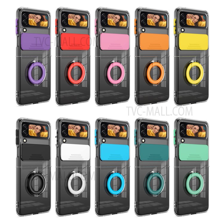 Colorful Design Soft TPU Bumper Hard PC Heavy Duty Protective Clear Phone Case with Back Slide Camera Cover and Ring Kickstand for Samsung Galaxy Z Flip3 5G - Red-10
