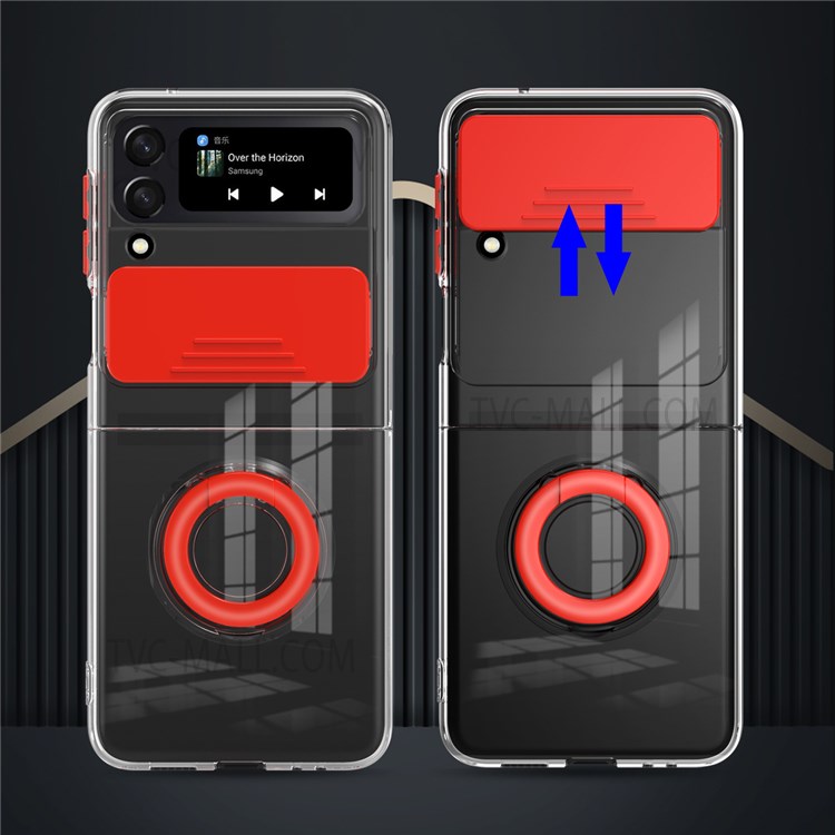 Colorful Design Soft TPU Bumper Hard PC Heavy Duty Protective Clear Phone Case with Back Slide Camera Cover and Ring Kickstand for Samsung Galaxy Z Flip3 5G - Red-5