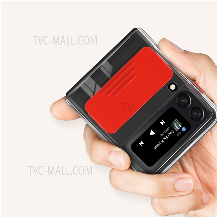 Colorful Design Soft TPU Bumper Hard PC Heavy Duty Protective Clear Phone Case with Back Slide Camera Cover and Ring Kickstand for Samsung Galaxy Z Flip3 5G - Red-7