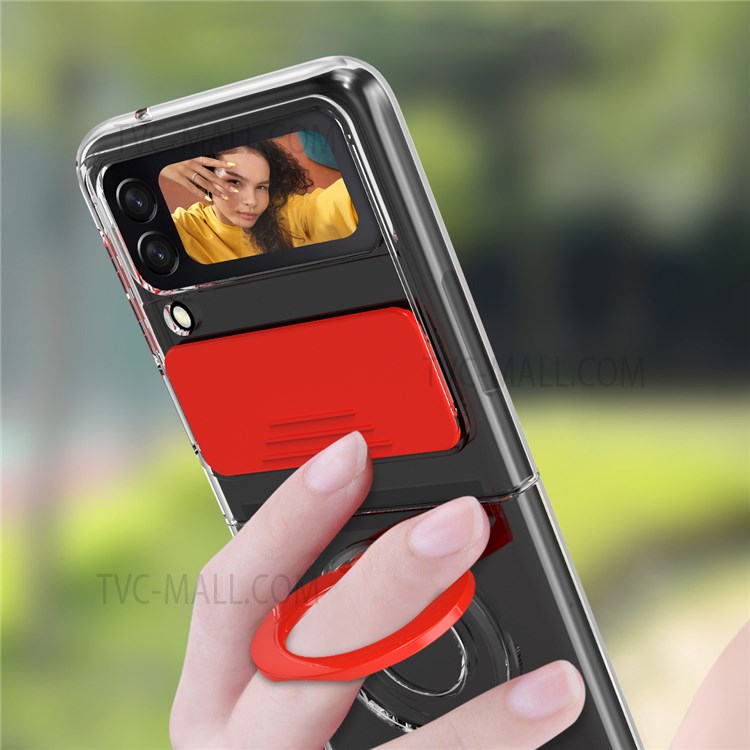 Colorful Design Soft TPU Bumper Hard PC Heavy Duty Protective Clear Phone Case with Back Slide Camera Cover and Ring Kickstand for Samsung Galaxy Z Flip3 5G - Red-9