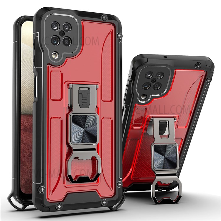 Armor Kickstand Hybrid Hard PC + Soft TPU Phone Case Work with Magnetic Car Mount for Samsung Galaxy A12 - Red-1