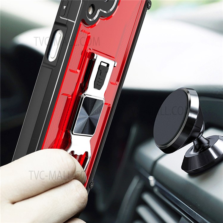 Armor Kickstand Hybrid Hard PC + Soft TPU Phone Case Work with Magnetic Car Mount for Samsung Galaxy A12 - Red-3