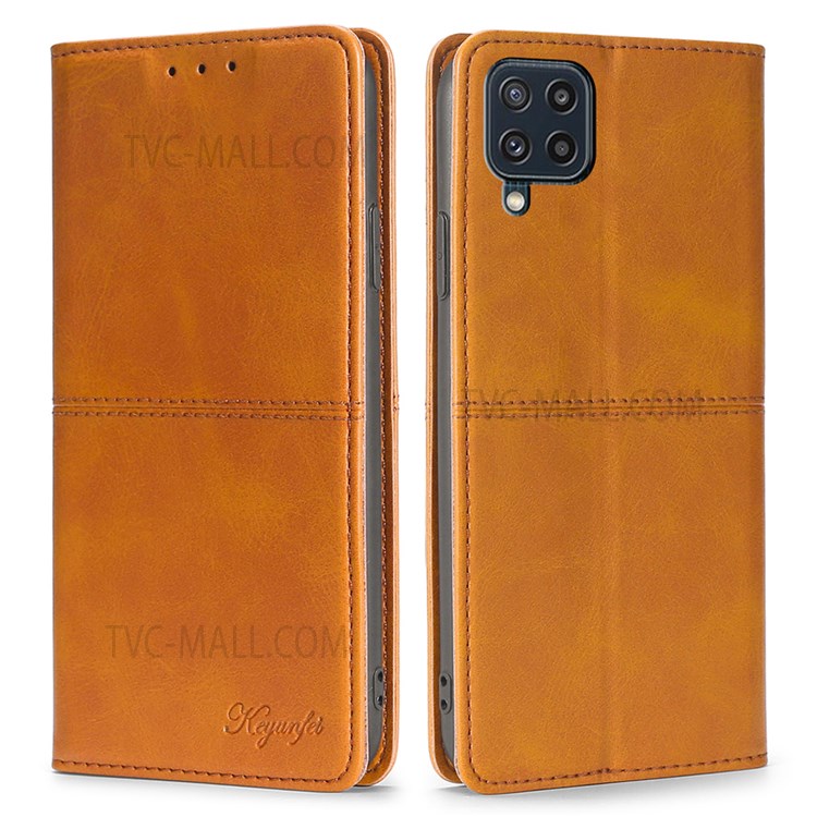 Stand Card Slots Shockproof Well-protected Auto-absorbed Magnetic Closure Leather Phone Cover for Samsung Galaxy M32 (Global Version) - Light Brown-1