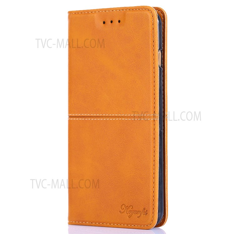 Stand Card Slots Shockproof Well-protected Auto-absorbed Magnetic Closure Leather Phone Cover for Samsung Galaxy M32 (Global Version) - Light Brown-2