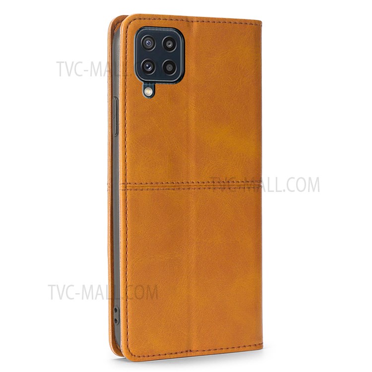 Stand Card Slots Shockproof Well-protected Auto-absorbed Magnetic Closure Leather Phone Cover for Samsung Galaxy M32 (Global Version) - Light Brown-3