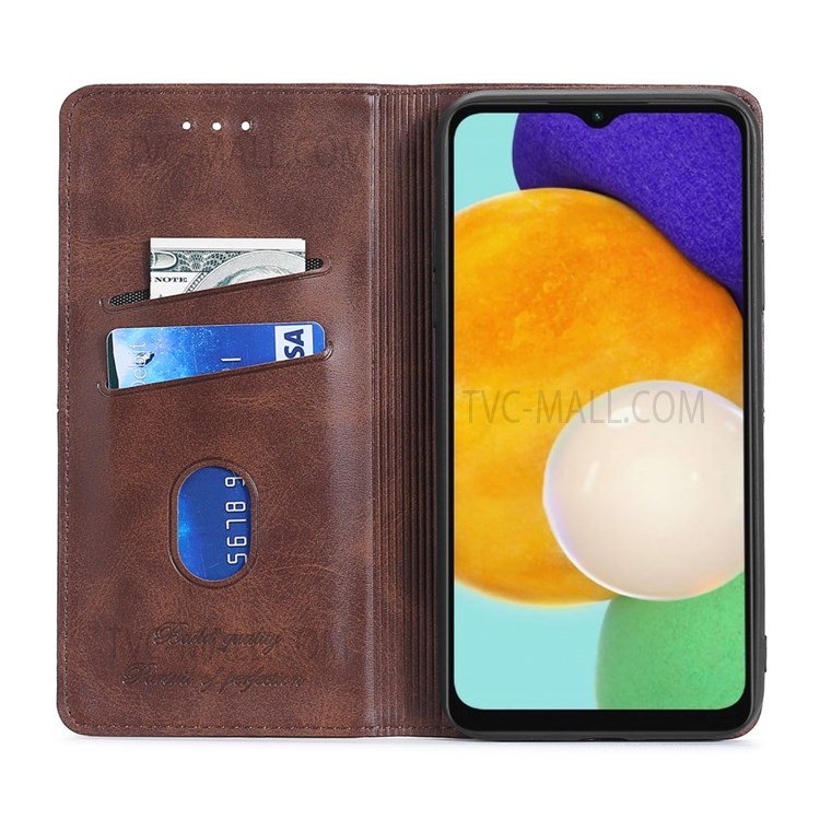 Stand Card Slots Shockproof Well-protected Auto-absorbed Magnetic Closure Leather Phone Cover for Samsung Galaxy M32 (Global Version) - Light Brown-4