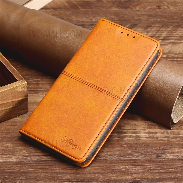 Stand Card Slots Shockproof Well-protected Auto-absorbed Magnetic Closure Leather Phone Cover for Samsung Galaxy M32 (Global Version) - Light Brown-7
