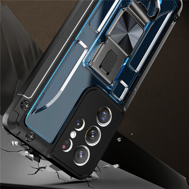 Vertical Kickstand Design Anti-Drop Soft TPU and Hard PC Hybrid Case Cover with Built-in Magnetic Metal Sheet for Samsung Galaxy S21 Ultra 5G - Sapphire-2