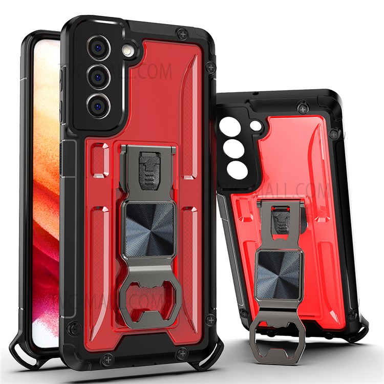 Vertical Kickstand Durable Stylish Anti-Fall Soft TPU and Hard PC Hybrid Case with Built-in Magnetic Metal Sheet for Samsung Galaxy S21 FE 5G/S21 Fan Edition - Red-1