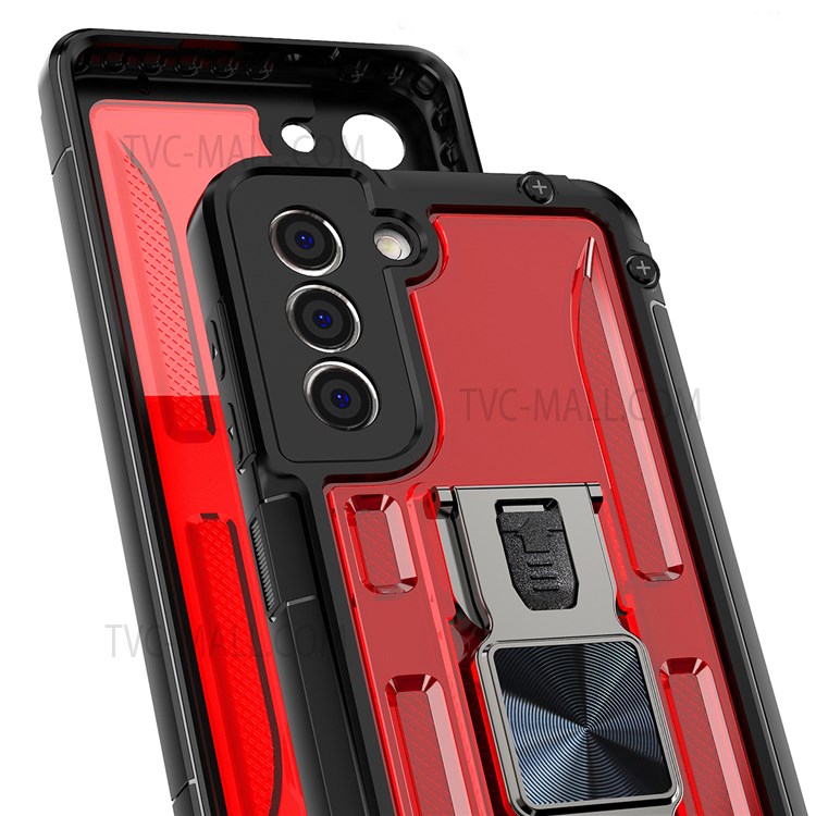 Vertical Kickstand Durable Stylish Anti-Fall Soft TPU and Hard PC Hybrid Case with Built-in Magnetic Metal Sheet for Samsung Galaxy S21 FE 5G/S21 Fan Edition - Red-3