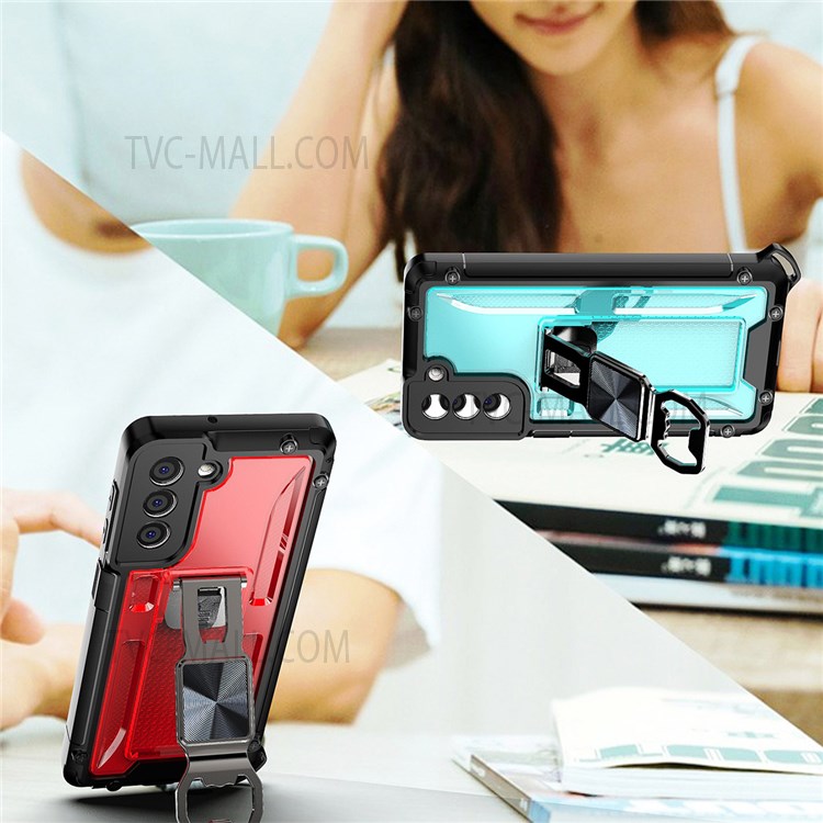 Vertical Kickstand Durable Stylish Anti-Fall Soft TPU and Hard PC Hybrid Case with Built-in Magnetic Metal Sheet for Samsung Galaxy S21 FE 5G/S21 Fan Edition - Red-4