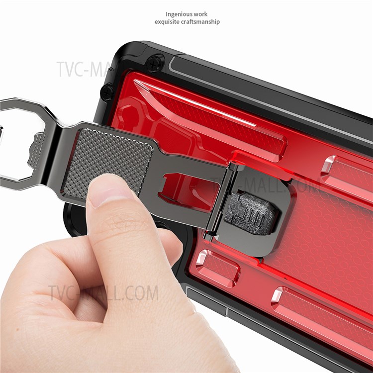 Vertical Kickstand Durable Stylish Anti-Fall Soft TPU and Hard PC Hybrid Case with Built-in Magnetic Metal Sheet for Samsung Galaxy S21 FE 5G/S21 Fan Edition - Red-6