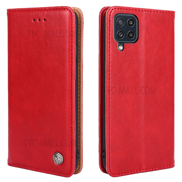 Vintage Textured Triangle Stitching Line Leather Wallet Stand Case Fall Protection Flip Shell for Samsung Galaxy M32 (Global Version) - Red-1