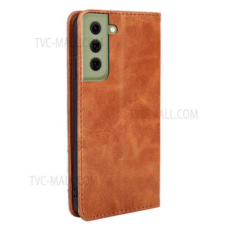 Vintage Textured Triangle Stitching Line Leather Wallet Stand Case for Samsung Galaxy S21 FE 5G - Brown-3
