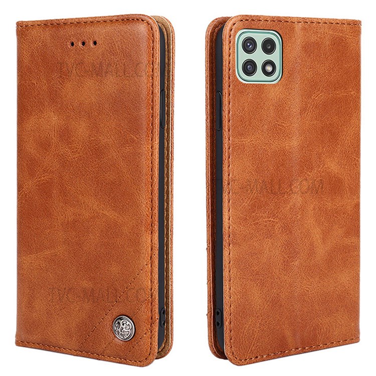 Retro Textured Triangle Stitching Line Leather Case with Card Slots and Cash Pocket for Samsung Galaxy A22 5G (EU Version) - Brown-1