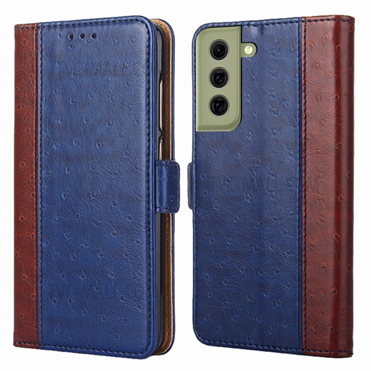 Ostrich Texture Splicing PU Leather Wallet Stand Magnetic Flip Protective Cover for Samsung Galaxy S21 FE 5G - Blue-1