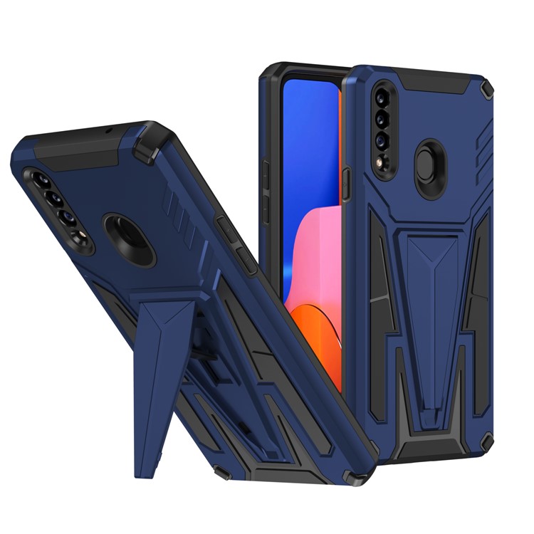 Kickstand V-Shaped Armor Hybrid Hard PC Soft TPU Shockproof Protective Phone Case for Samsung Galaxy A20s - Dark Blue-1