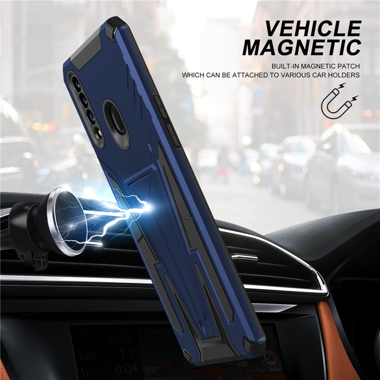Kickstand V-Shaped Armor Hybrid Hard PC Soft TPU Shockproof Protective Phone Case for Samsung Galaxy A20s - Dark Blue-2