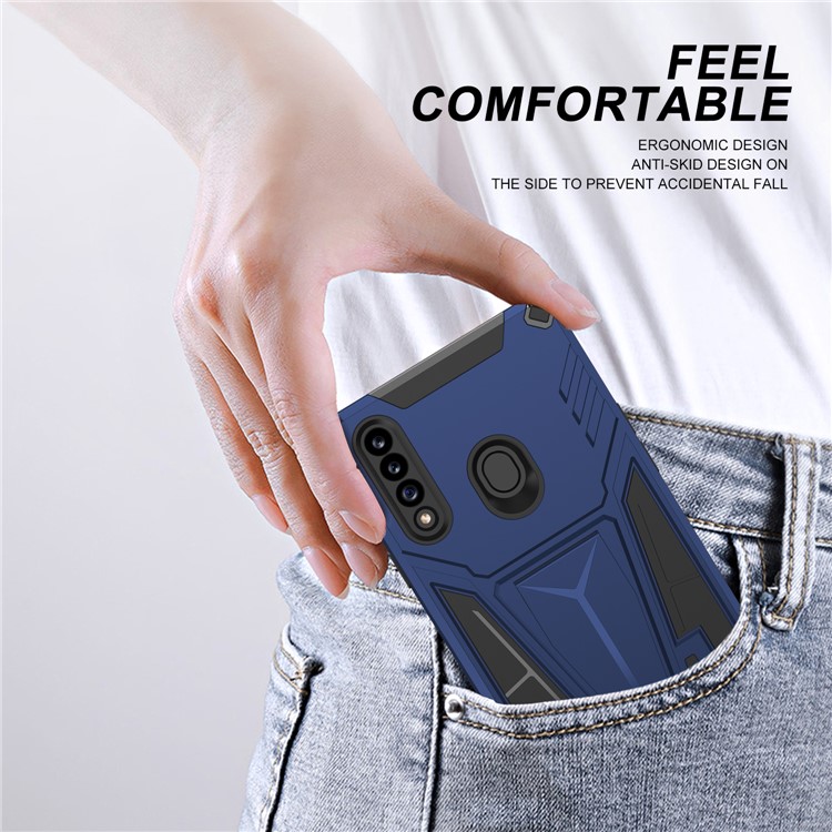Kickstand V-Shaped Armor Hybrid Hard PC Soft TPU Shockproof Protective Phone Case for Samsung Galaxy A20s - Dark Blue-7