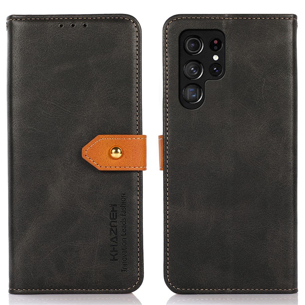 KHAZNEH Folio Flip Magnetic Golden Clasp PU Leather Wallet Stand Phone Cover Shell for Samsung Galaxy S22 Ultra - Black-1